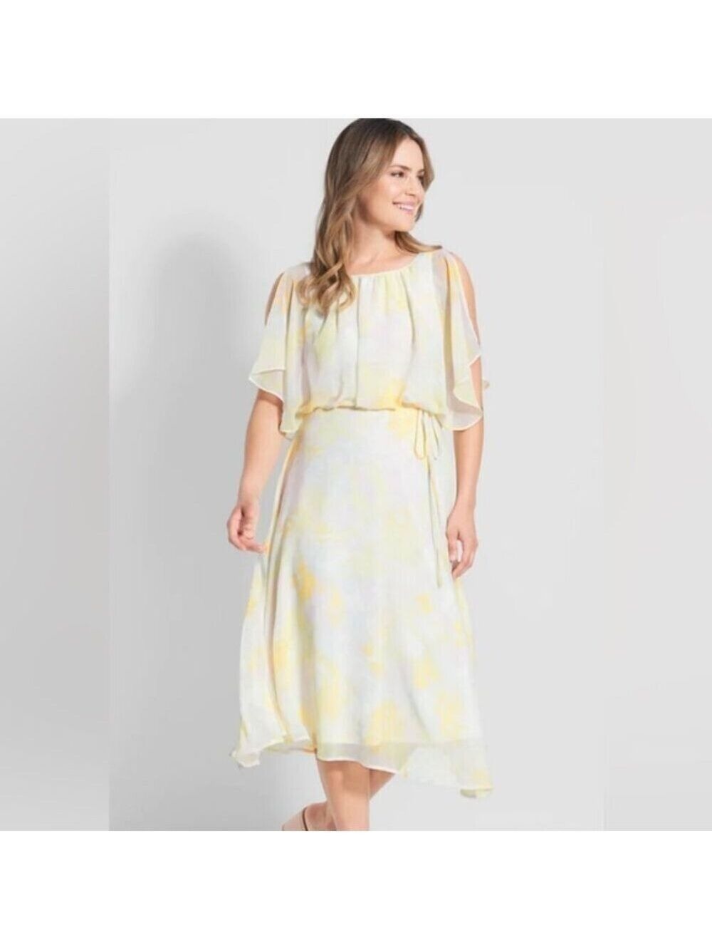 NWT Modcloth Yellow Floral Chiffon Midi Dress Flutter Sleeves Size Medium